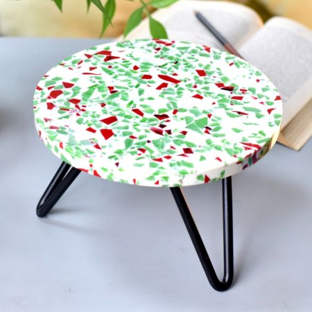 Multicolored Terrazzo Cake Stand Made with Wood Red And Iron Legs