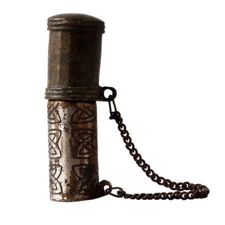 BrassÂ Chuna Dani Betel Box with Chain In Patina Finish