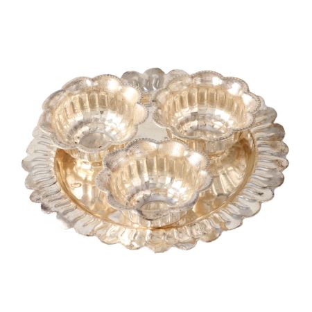 Brass Pooja Thali With 3 Flower Shaped Bowls In Silver Finish