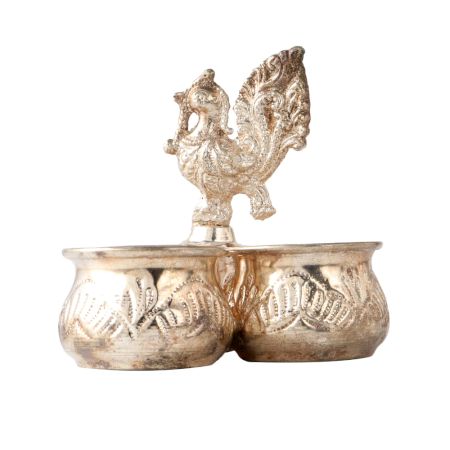 3 Cups Brass Kumkum Holder with Peacock HandleÂ In Silver finish