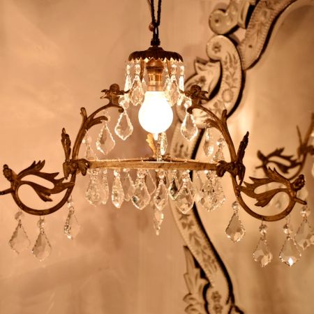 Handcrafted Vintage Design Brass Chandelier With 44 Clear Glass Maple Leaf