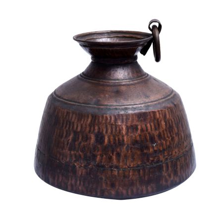 Hand Hammered Indian Copper Dowry Pot With One Ring Handle