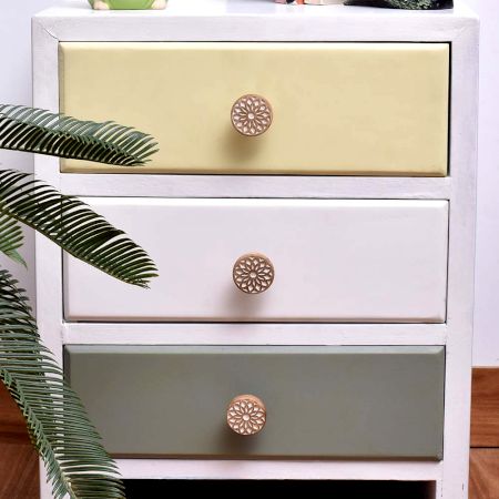 Handmade White and Brown Geometric Wooden Round Drawer Knobs