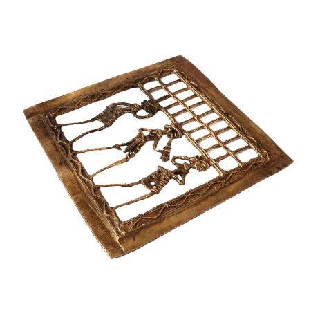 Brass Dhokra Framed Wall Hanging Of Three Tribal Musicians