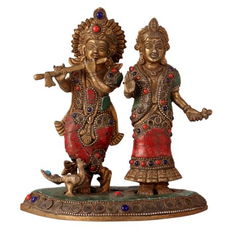 Holy Standing Radha Krishna Engraved with Colour Stones