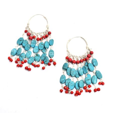92.5 Sterling SilverÂ Turquoise and Red Bali Hoop Chandelier Earrings