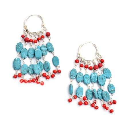 Turquoise Bali Hoop Chandelier Earrings In 92.5 Sterling silver
