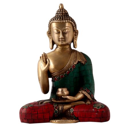 Brass Lord Buddha Statue in Colourful Stone Work
