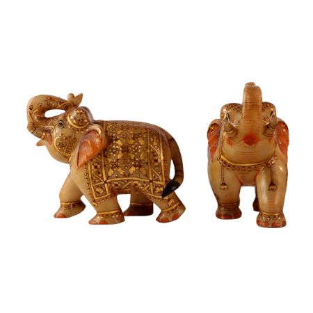 Hand Panted Marble Elephant Statue In Pair