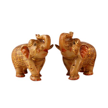 Hand Panted Marble Elephant Statue In Pair