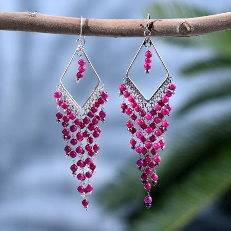 92.5 Sterling Silver With Pink Bead Layered Earrings