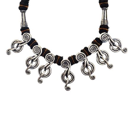 A Black Thread Cotton Dori Oxidised Silver Music Note Charm Necklace