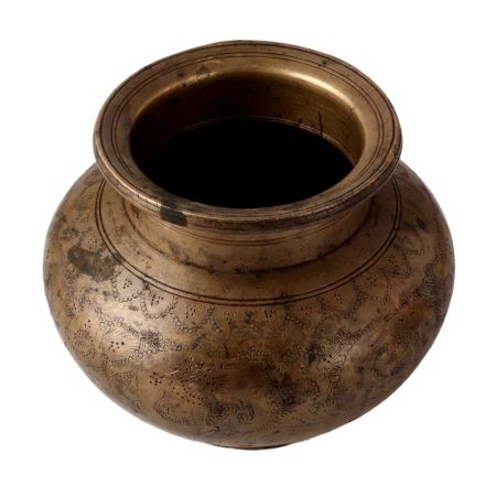 Brass South Indian Cylindrical Carved Pot