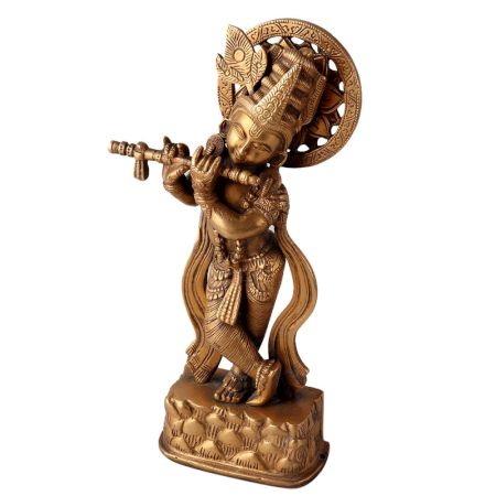 Brass Lord Krishna Statue in Golden Antique Finish
