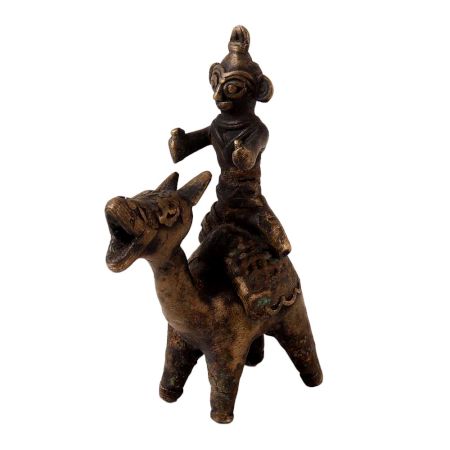 Small Brass Camel and Rider Statue in Tribal Folk Art