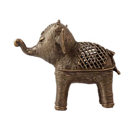 Small Brass Elephant Statue in Tribal Folk Art