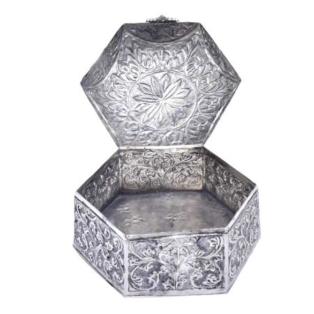 6 Sided Carved Silver Storage With Peacock Finial