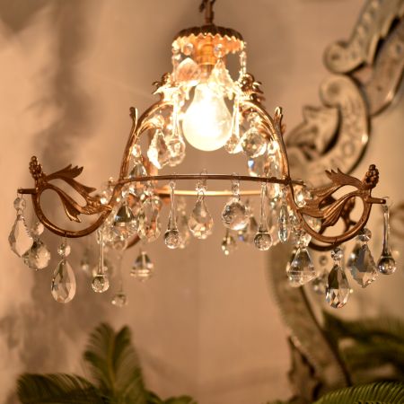 Vintage Italian Style Brass Enameled Chandelier with Crystal Drops