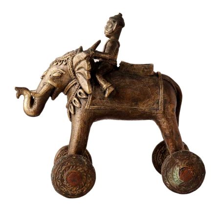 Brass Elephant With Rider Temple Toy On Wheels