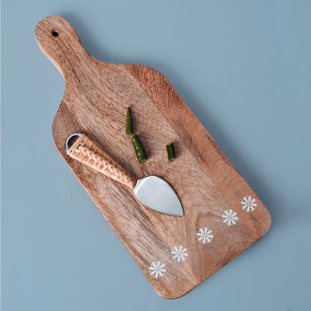 Wooden Chopping Board with Handle and Floral Border