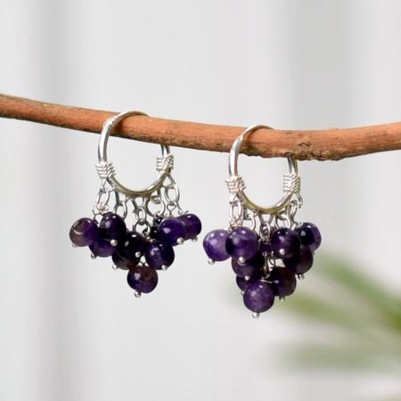 Small Purple Stone Bead 92.5 Sterling Silver Hoop Earrings