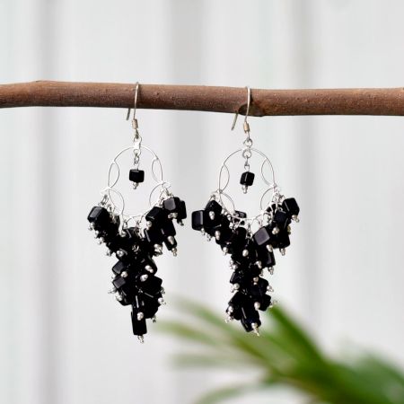 Earrings in 92.5 Sterling Silver with Black Onyx Stone Chips
