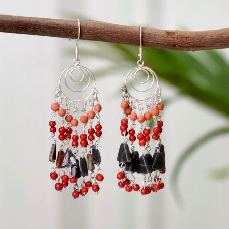 Orange Tassels Beaded Bohemian Gypsy Earrings with 92.5 Sterling Silver