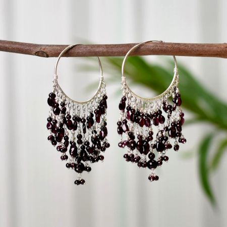 Bead Hoop Earrings in 925 Sterling Silver and Garnet Gem Stone