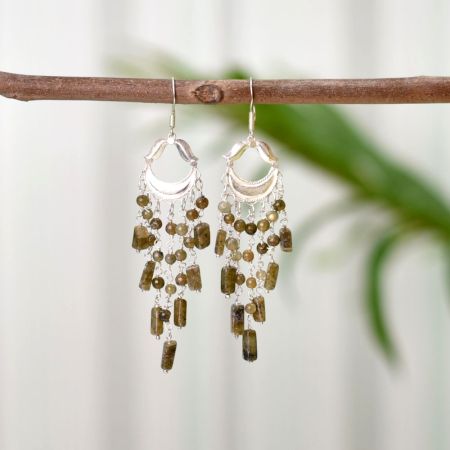 Green Garnet Beaded Chandelier Earrings with 92.5 Sterling Silver