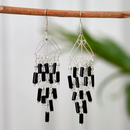 Indo Western Black Beads Drop Earring in 92.5 Serling Silver