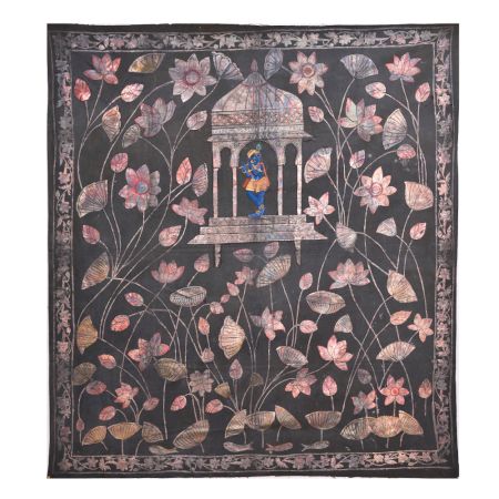 Pichwai Krishna Painting In Floral Background On Black Cloth