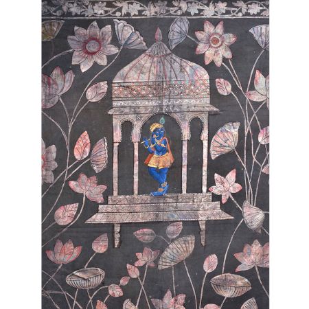 Pichwai Krishna Painting In Floral Background On Black Cloth