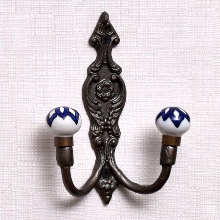 Navy Blue Floral Ceramic Iron Hooks