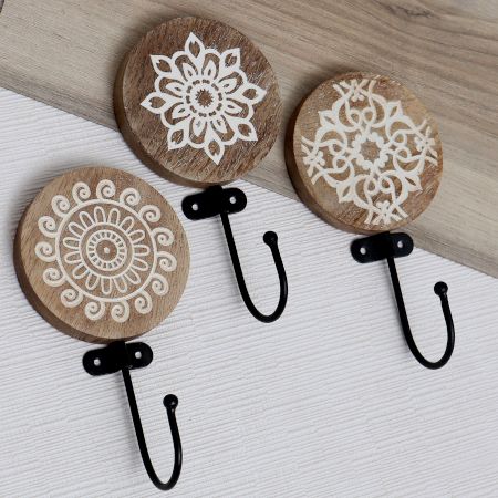 Pack of 3 Brown Wooden Abstract Design Wall Hooks
