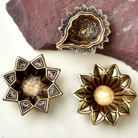 Classical Golden Brass Flower Shape Oil Lamp For Temple Decoration - Pack of 3