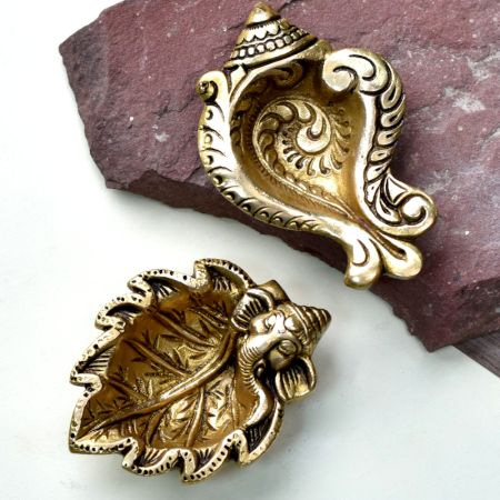 Golden Sankh and Ganesha Brass Oil Lamps For Ritual Puja - Pack of 2
