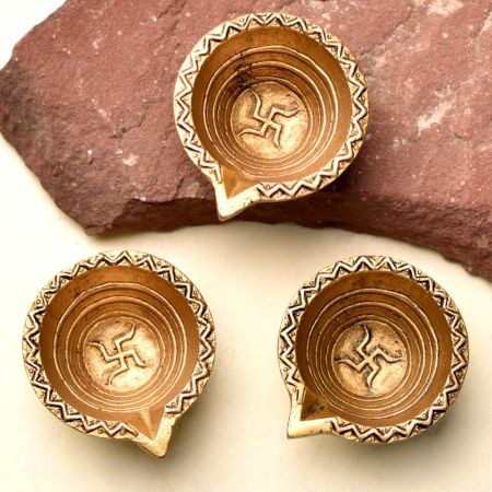 Pack of 3 Brass Diya Oil Lamp Swastika Diwali Decoration