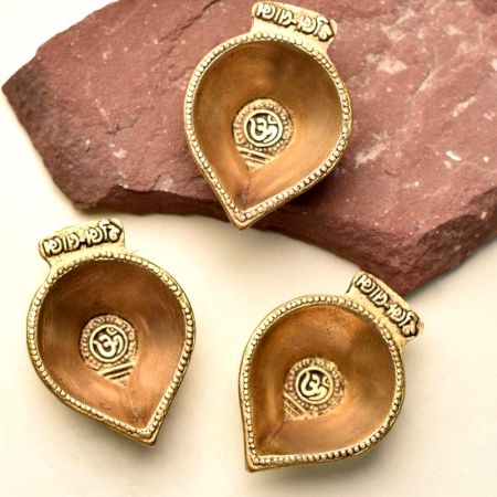 3 Pieces Shubh Labh Aum Brass Oil Lamp