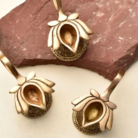 Pack of 3 Brass Lotus Shape Oil Lamp On Stand With Handle