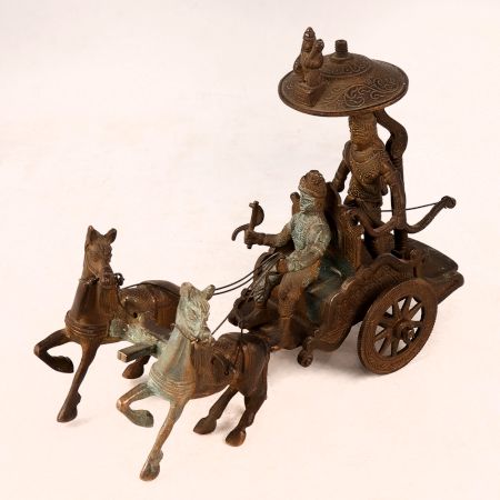 Vintage Lord Krishna & Arjun in Horse Brass Chariot