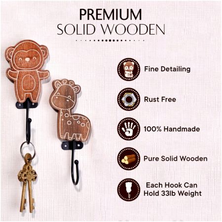 Brown Cute Lion Monkey Giraffe Wall Mounted Hooks For Kids - Pack of 3