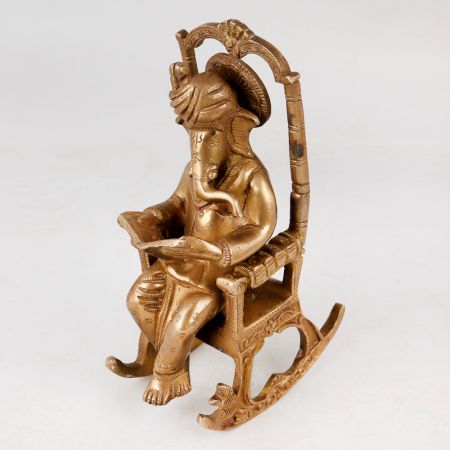 Vintage Brass Lord Ganesha Sitting on Moveable Chair Statue