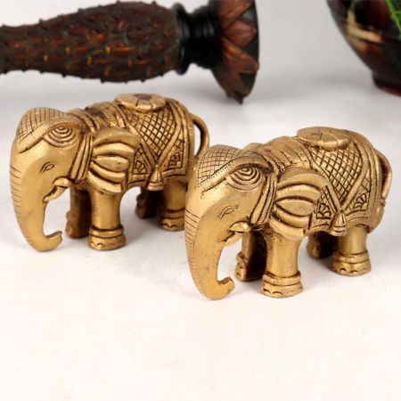 Handmade Golden Brass Elephant Statue in Pair of 2