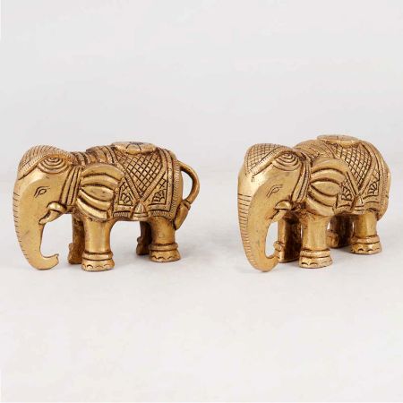 Handmade Golden Brass Elephant Statue in Pair of 2