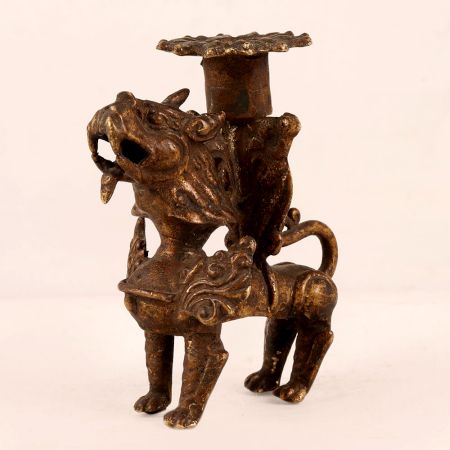 Vintage Brass Chinese Lion Statue Candle Holder