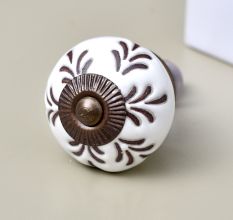 Cream Etched Leaf Ceramic Cabinet Knob