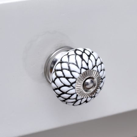 White Black Etched Floral Knob