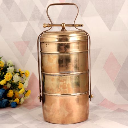 Vintage Brass Tiffin Box with Four Compartments for Decor