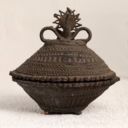 Handmade Vintage Brass Kumkum Box in Tribal Art