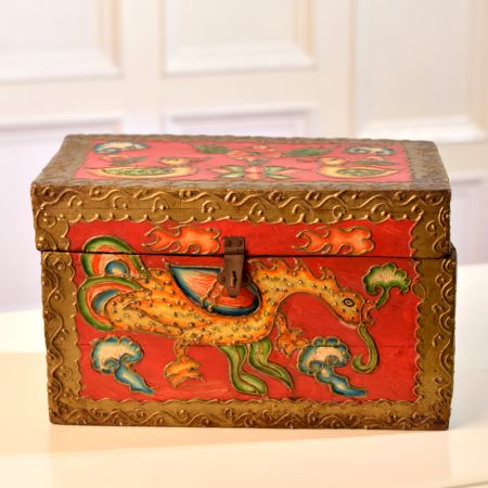 Multi-Coloured Dragon Engraved Wooden Box for Home Decor